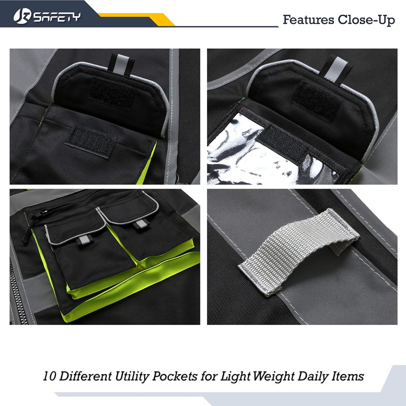 JKSafety سترة أمان JKSafety ذات 10 جيوب باللون الأسود بسحاب أمامي مع شرائط عاكسة عالية تفي بمعايير ANSI/ISEA (88-أسود، كبير) - Image 2